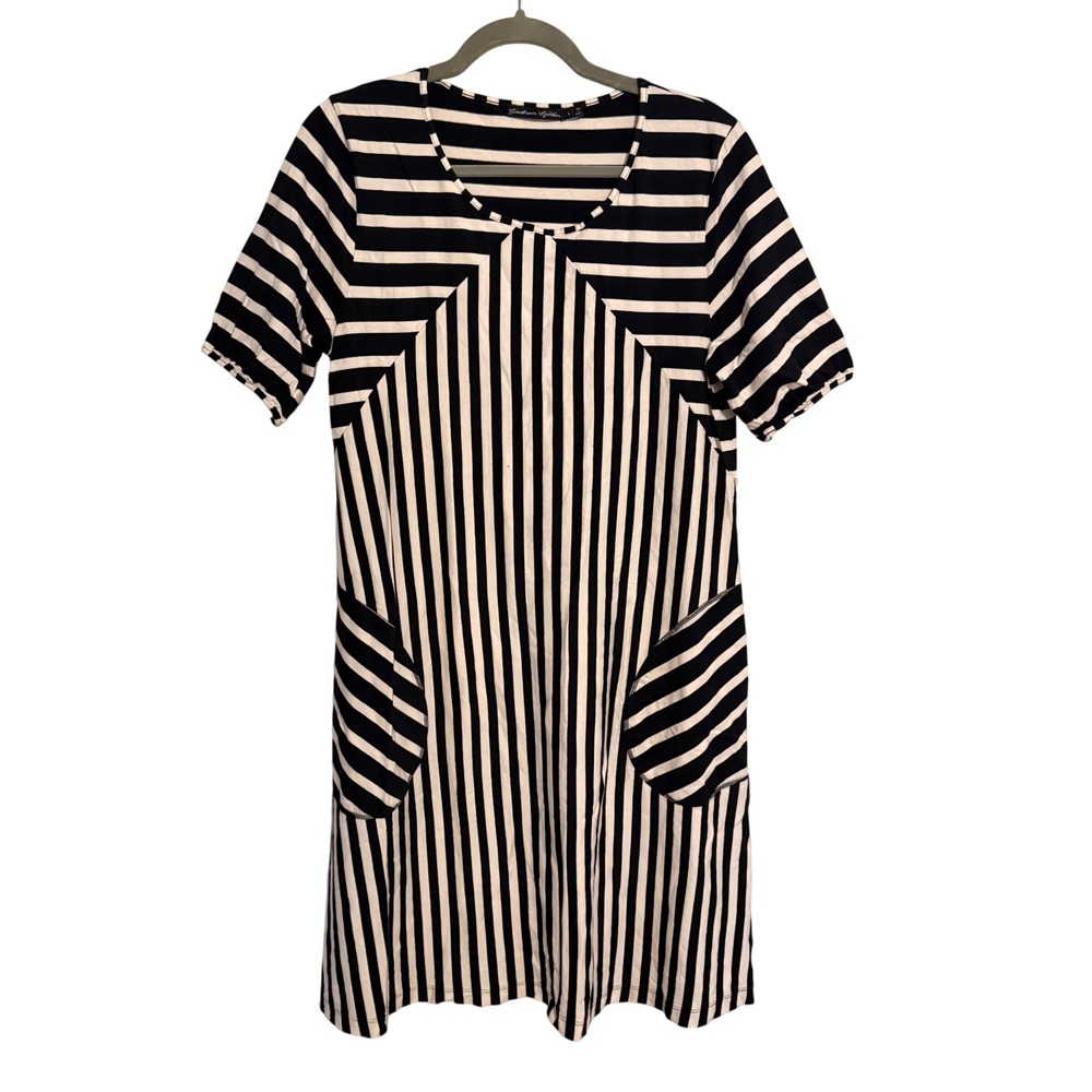 Gudrun Sjoden Organic Cotton Striped Pocket Dress Black White Large Classic